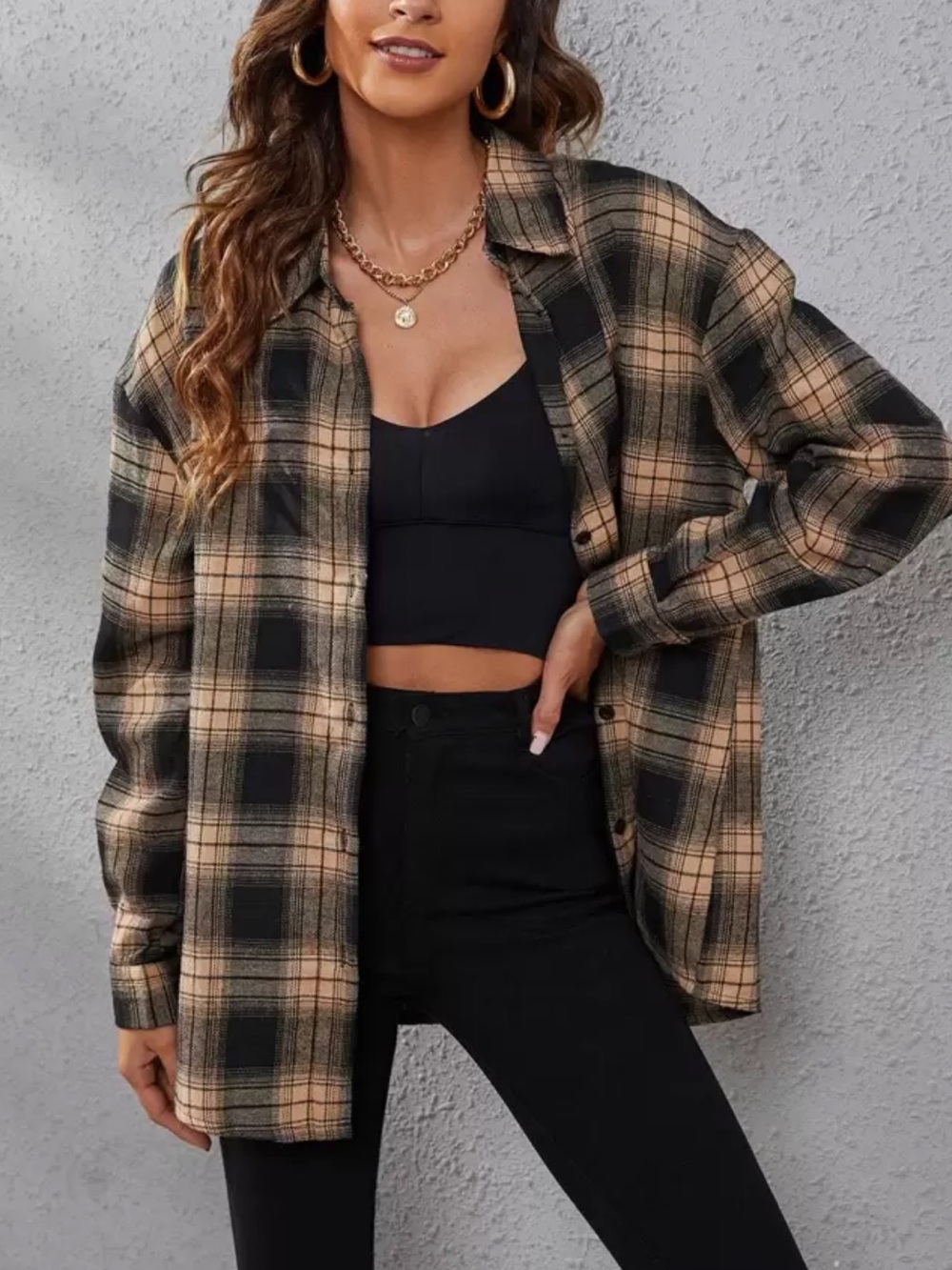 Khaki and Black Plaid Button Up Shirt